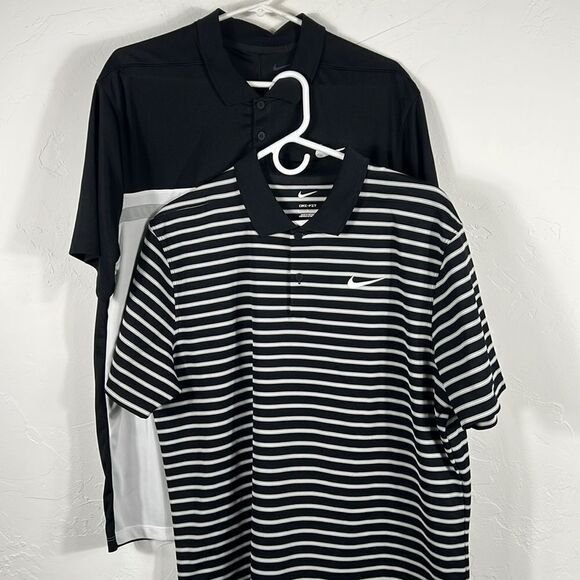 ⛳️🏌️(2) NIKE DRI-FIT GOLF Polo Shirt Black Striped Short Sleeve Men Sz Lg - EUC - Picture 1 of 15